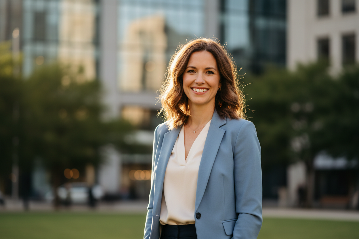 Une femme souriante portant un blazer bleu pose devant un immeuble de bureaux en arrière-plan.